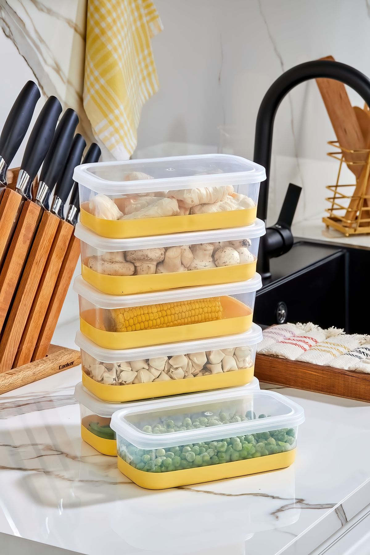 6'Lı Set Silikon Tabanlı Dikdörtgen 1000 ml Difriz Saklama Kabı - Derin Dondurucu Saklama Kabı