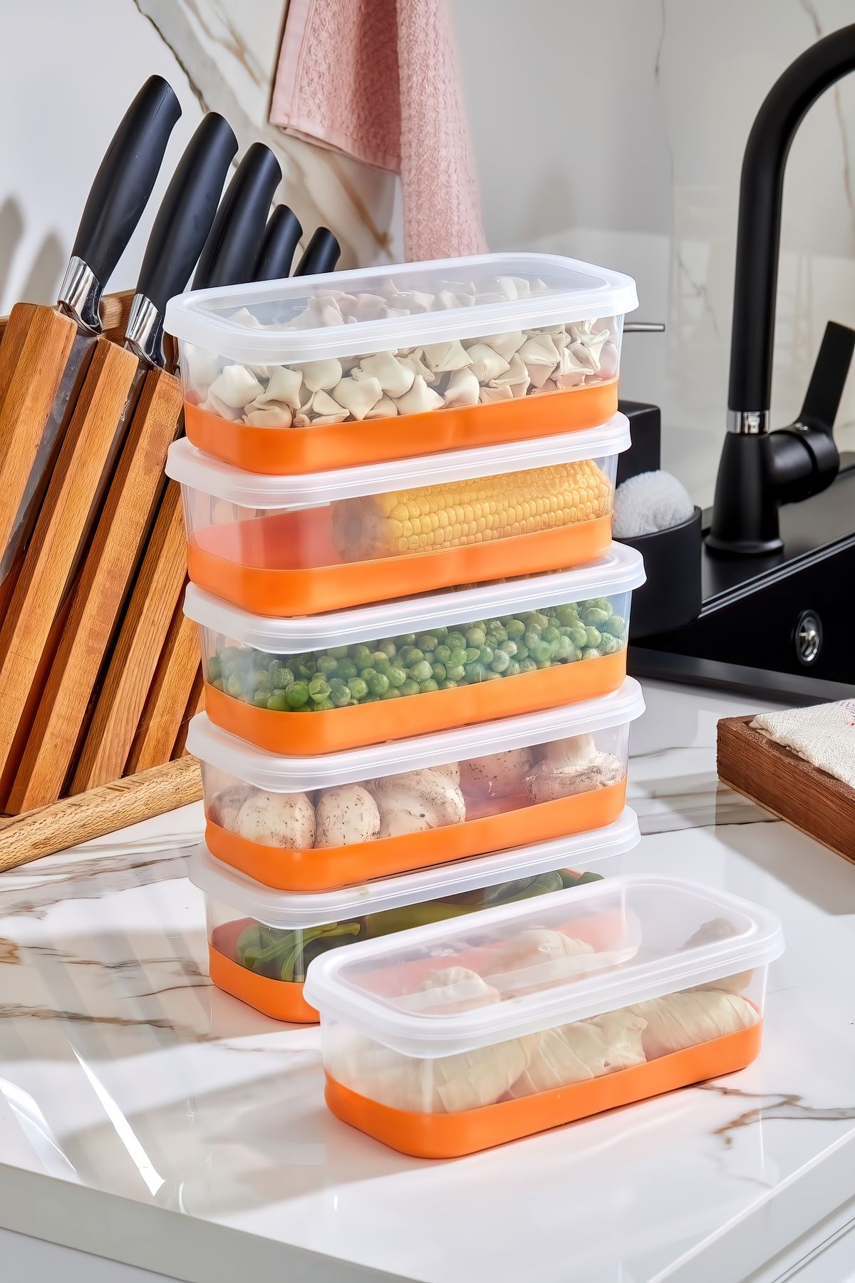 6'Lı Set Silikon Tabanlı Dikdörtgen 1000 ml Difriz Saklama Kabı - Derin Dondurucu Saklama Kabı