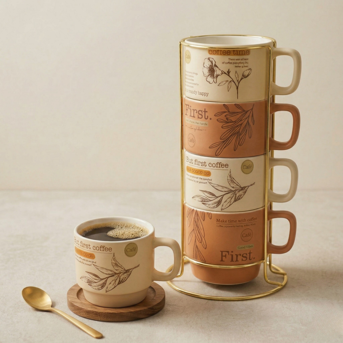 Porselen 4'lü Kupa Seti Metal Askılı Standlı Desenli Kahve Kupası 200 ml