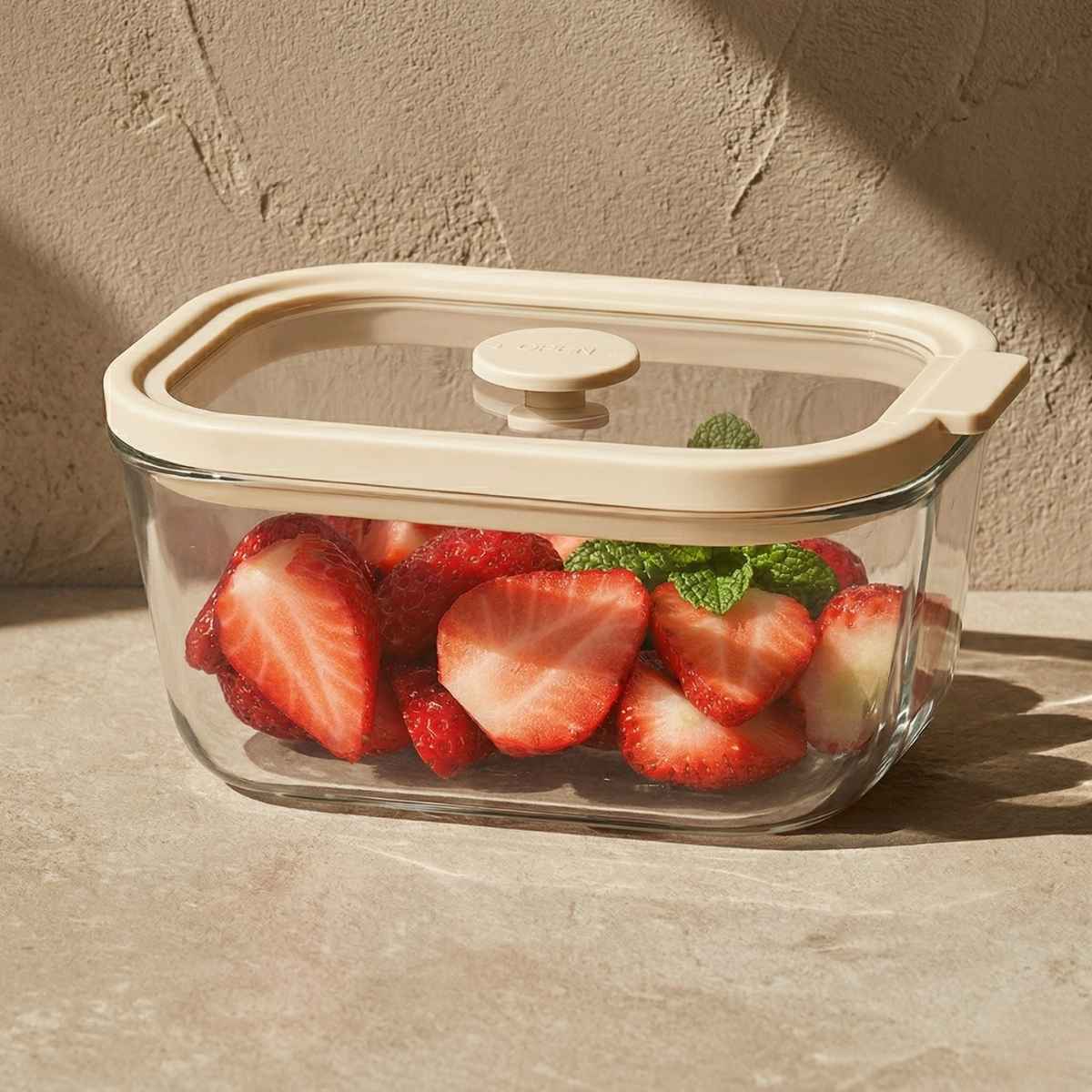 Krem Kapaklı Vakumlu Cam Saklama Kabı 470 Ml