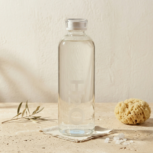 Cam Matara 1 Litre (1000 ml) - Estetik H2O Baskılı Sızdırmaz Cam Su Şişesi