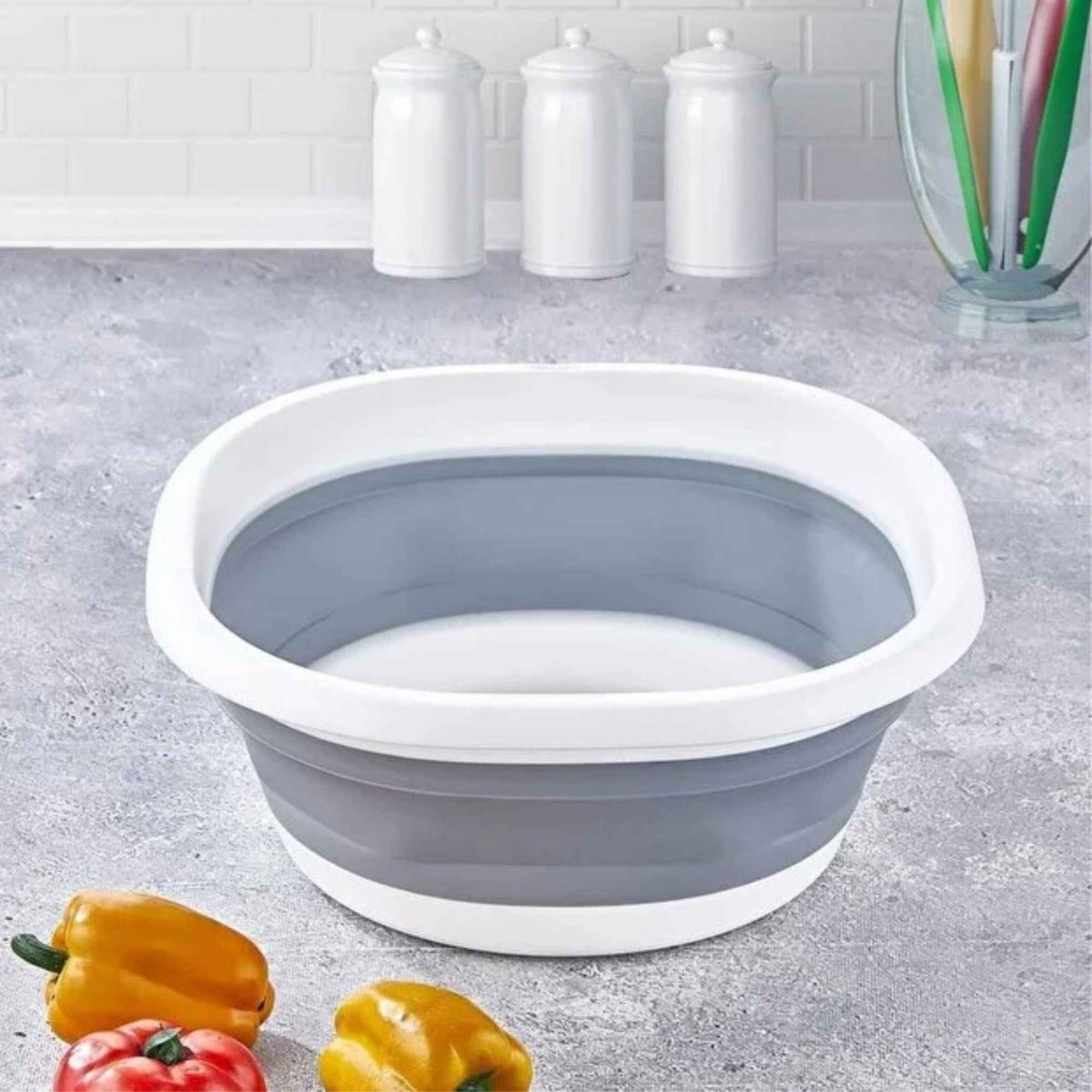 Katlanabilir Badya 5 Litre Silikon Mutfak Leğeni Gri Beyaz BPA Free