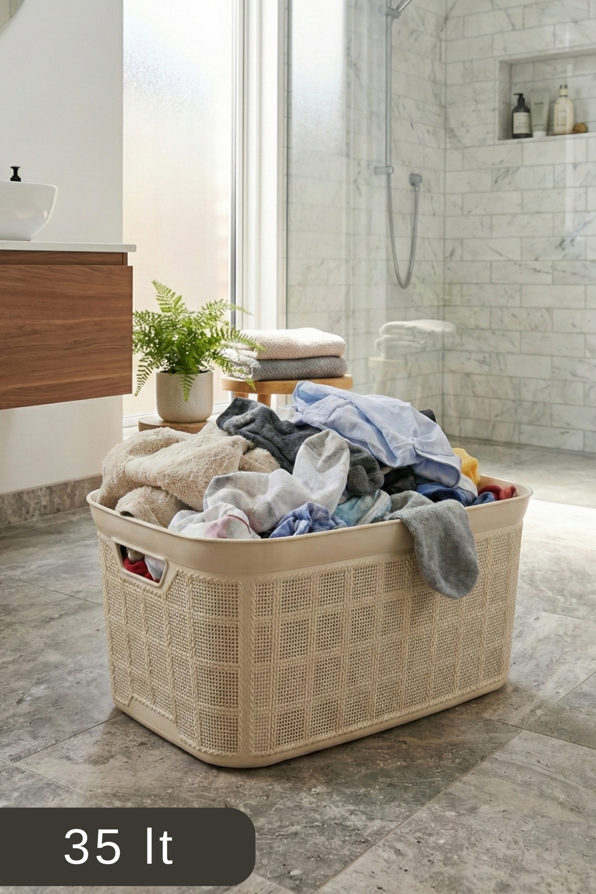 35 Lt Örgü Desenli Plastik Çamaşır Sepeti, Krem Rengi Temiz Çamaşır Selesi, Kulplu Büyük Boy Banyo ve Çamaşır Odası Düzenleyici Kirli ve Temiz Çamaşır Sepeti (antrasit)