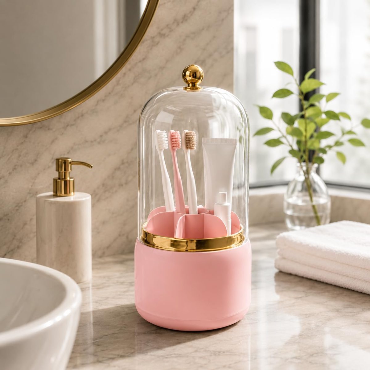 7 Bölmeli Kapaklı Diş Fırçalık, Gold Detaylı Banyo Düzenleyici Organizer, Şeffaf Kapaklı Diş Fırçası ve Macun Saklama Standı (pembe)