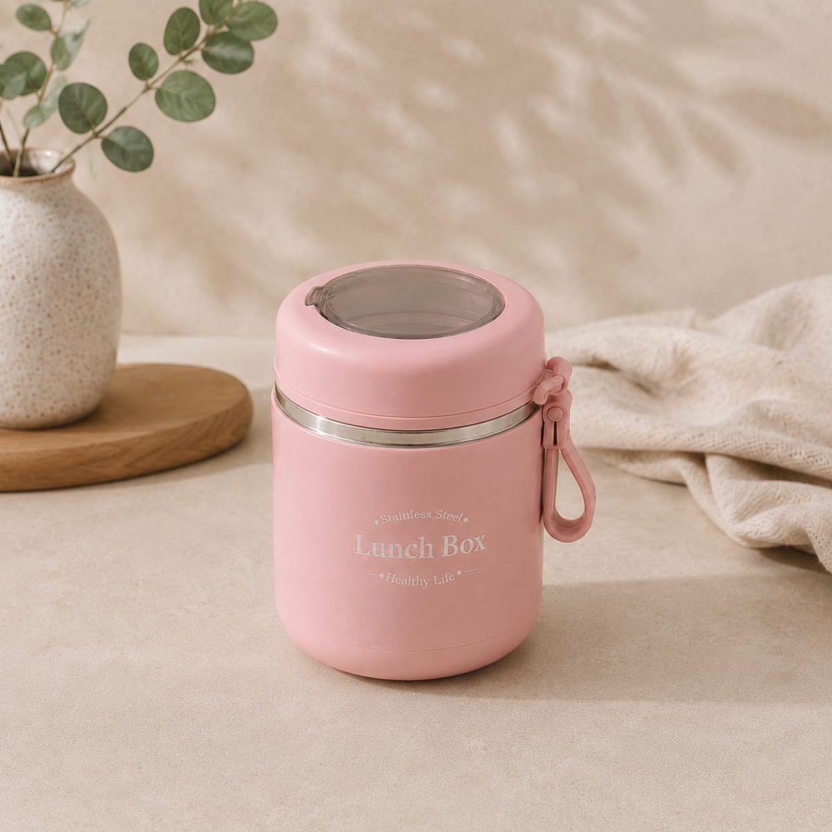 Paslanmaz Çelik Beslenme Kabı, Kaşıklı, Sızdırmaz Kapaklı,Pembe