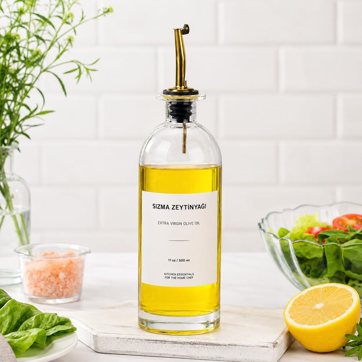 500 ml Cam Yağdanlık, Akıtıcılı Zeytinyağı Şişesi, Kapaklı Yağlık Sirkelik, Mutfak İçin Şeffaf Yağ Saklama ve Servis Şişesi