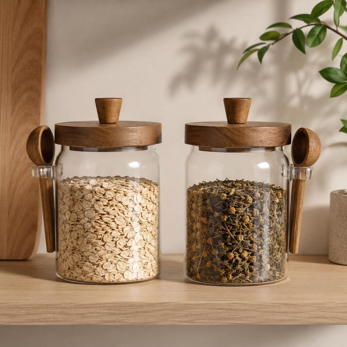 2'li Kaşıklı Akasya Kapaklı Cam Kavanoz Seti 700 ml Erzak Saklama